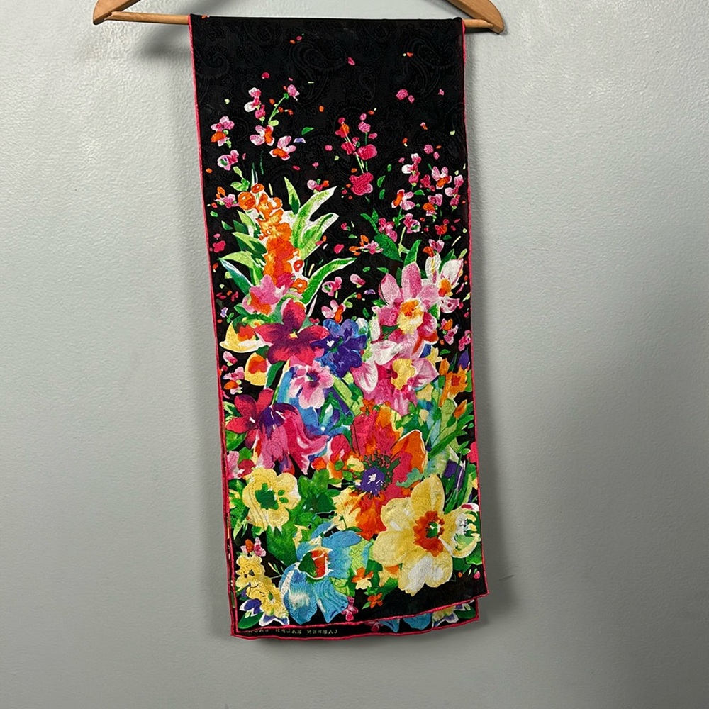Lauren Ralph Lauren Black Pink Purple Floral Silk Rectangular Scarf